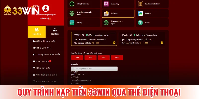 Hướng dẫn nạp tiền 33win bằng thẻ cào